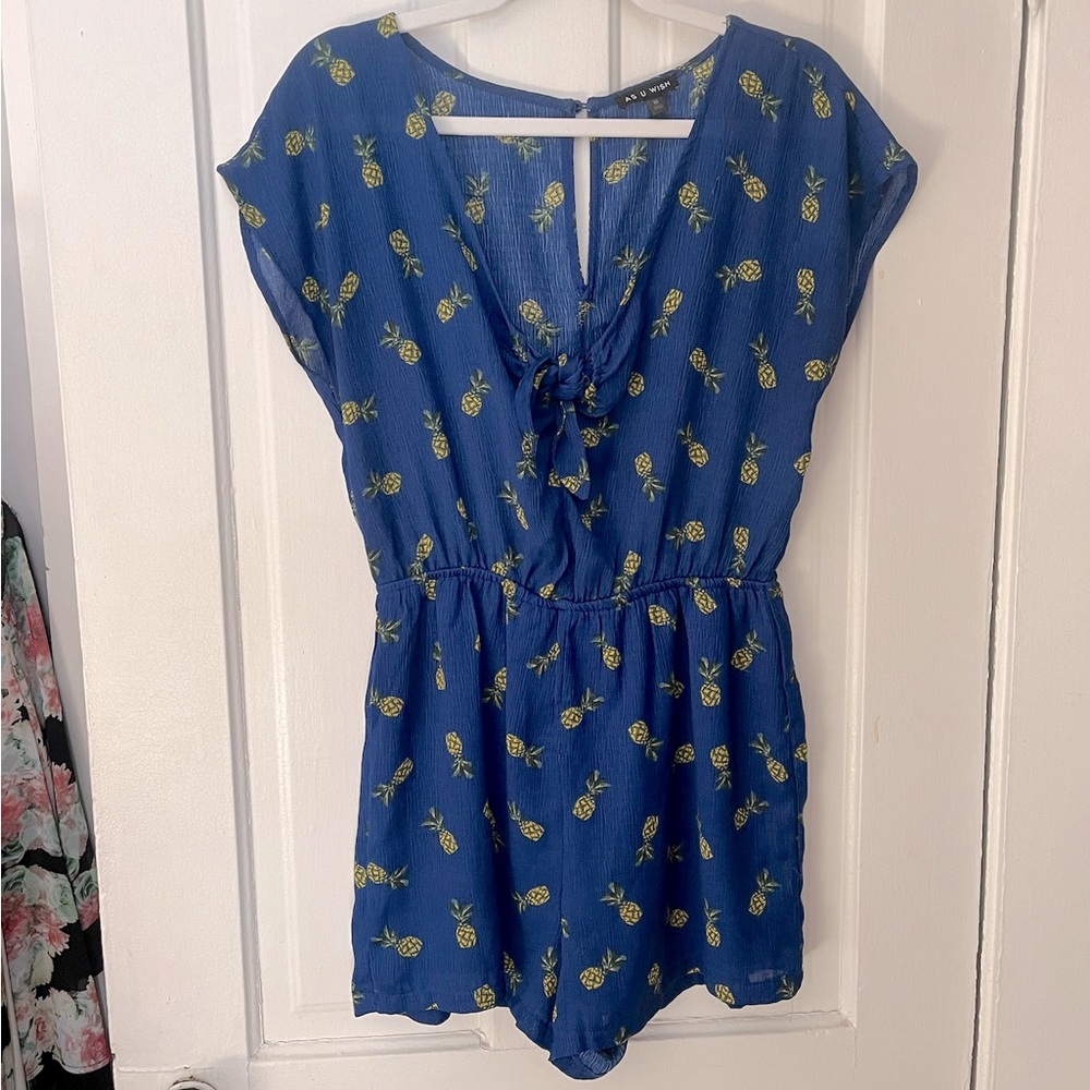 As U Wish Blue Pineapple Romper with Tie Front Size Medium